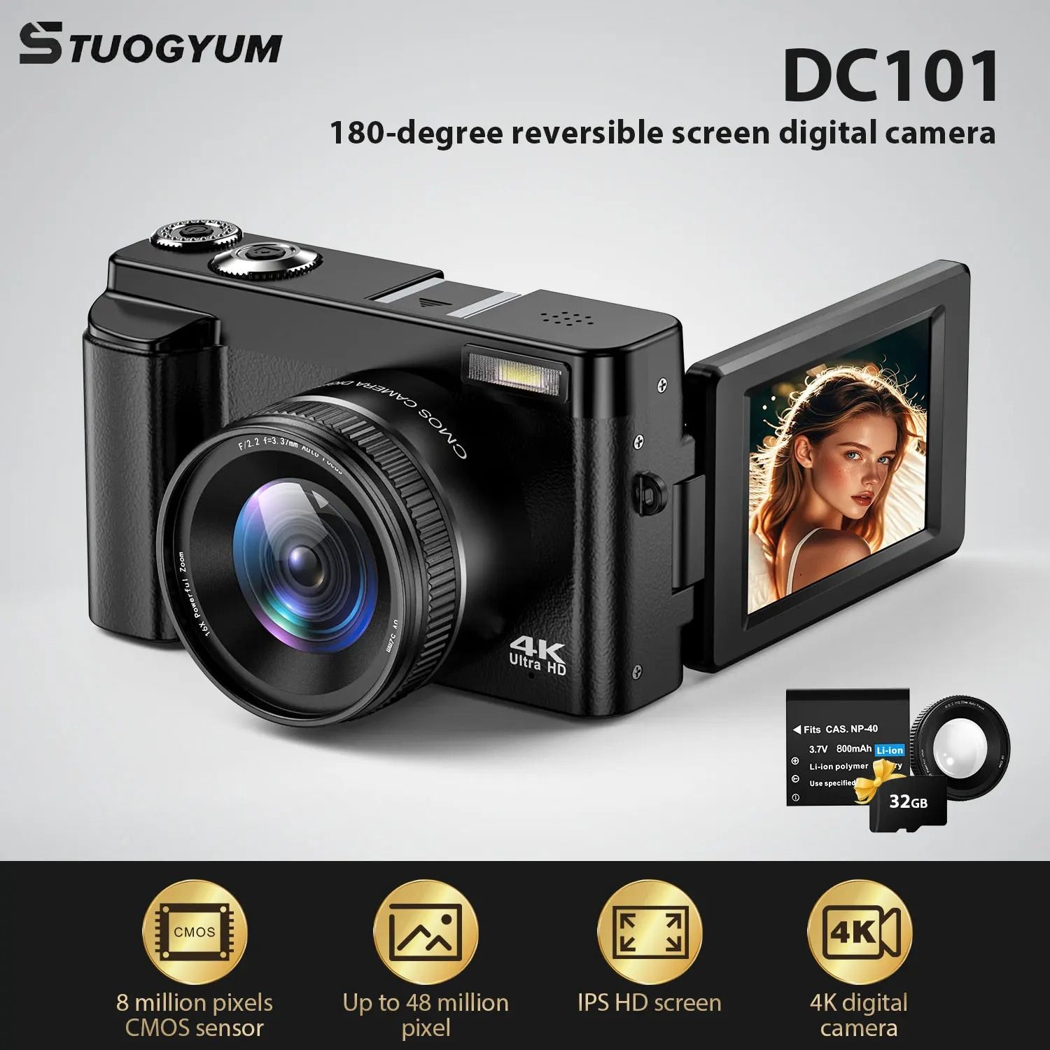 【Bantu Box】DC101 4K Vlogging Camera,48MP Digital Camera For Photography With Autofocus 3.0 Inch Touch Screen,180 Degree Flip Screen