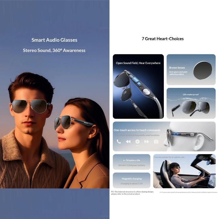 Smart Audio Glasses, Bluetooth-Compatible 5.4 Open-Ear Headphones / Polarized Sunglasses with Microphone for Travel / Business(Black)