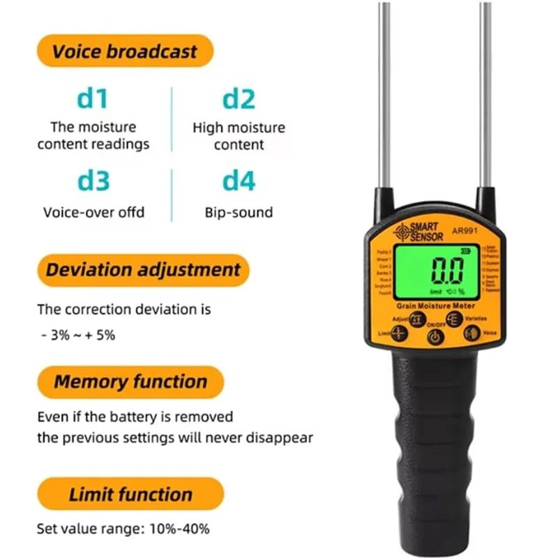 AR991 Portable Digital Moisture Meter for Grains Smart Sensor Used Measure Moisture Content Corn Flour Rapeseed Seed