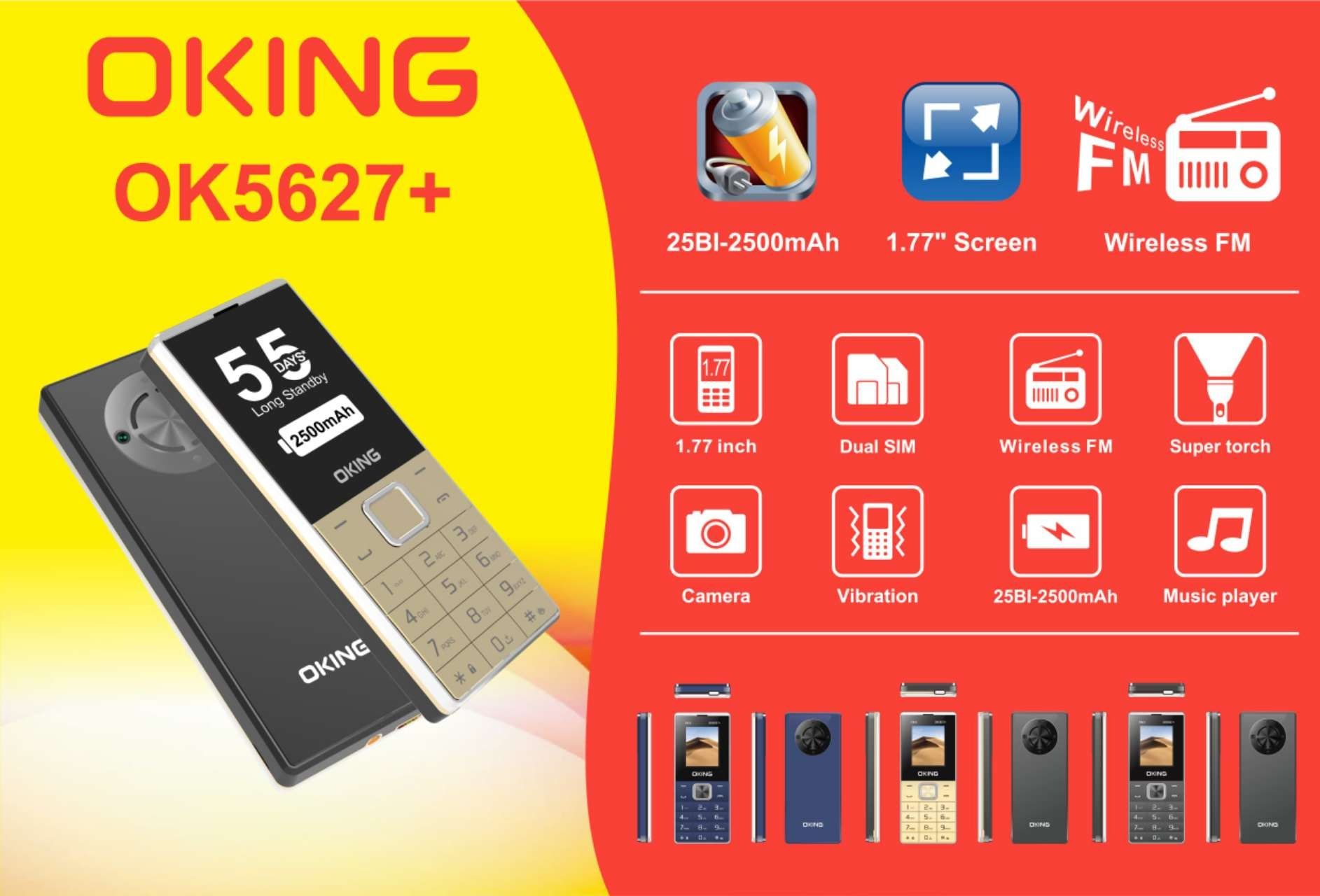 Oking OK5627+ Dual SIM Feature Phone – 1.77" Display, 2500mAh Battery, Wireless FM Radio, Super Torch