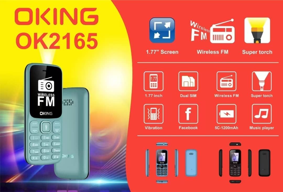OKING OK2165 BUTTON PHONE BATTERY CAPACITY 1200 MAH WIRELESS FM SCREEN 1.77’’ TORCH LIGHT DUAL SIM 2 PHONE ON OFFER