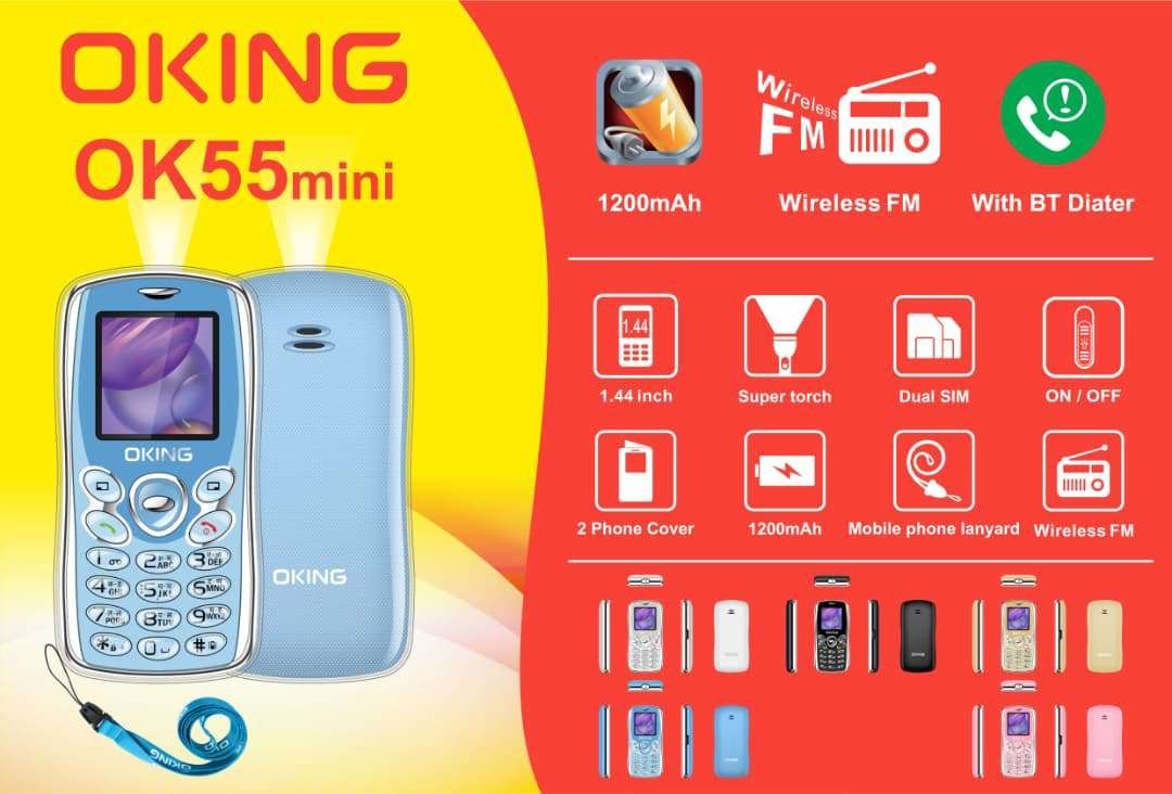 OKING OK55 MINI BUTTON PHONE BATTERY CAPACITY 1200 MAH WIRELESS FM SCREEN 1.44’’ TORCH LIGHT DUAL SIM 2 PHONE ON OFFER