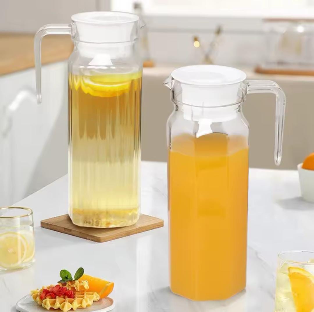 Transparent Water / Juice jug available 1 Litre Glass with white plastic lid - durable, transparent, and lightweight jug designed for everyday use
