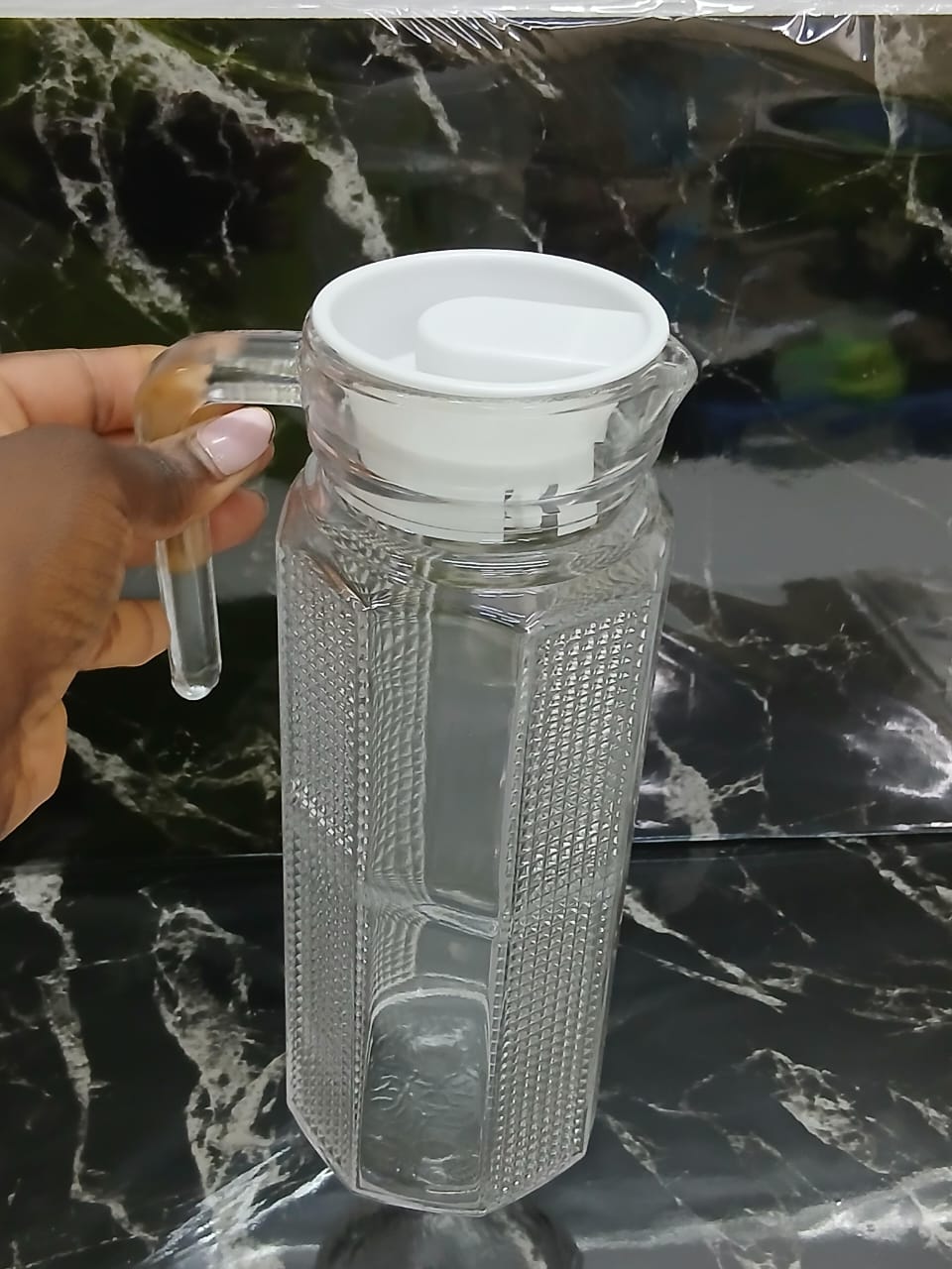 Transparent Water / Juice jug available 1 Litre Glass with white plastic lid - durable, transparent, and lightweight jug designed for everyday use