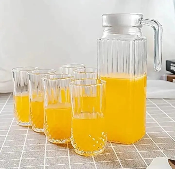 Transparent Water / Juice jug available 1 Litre Glass with white plastic lid - durable, transparent, and lightweight jug designed for everyday use