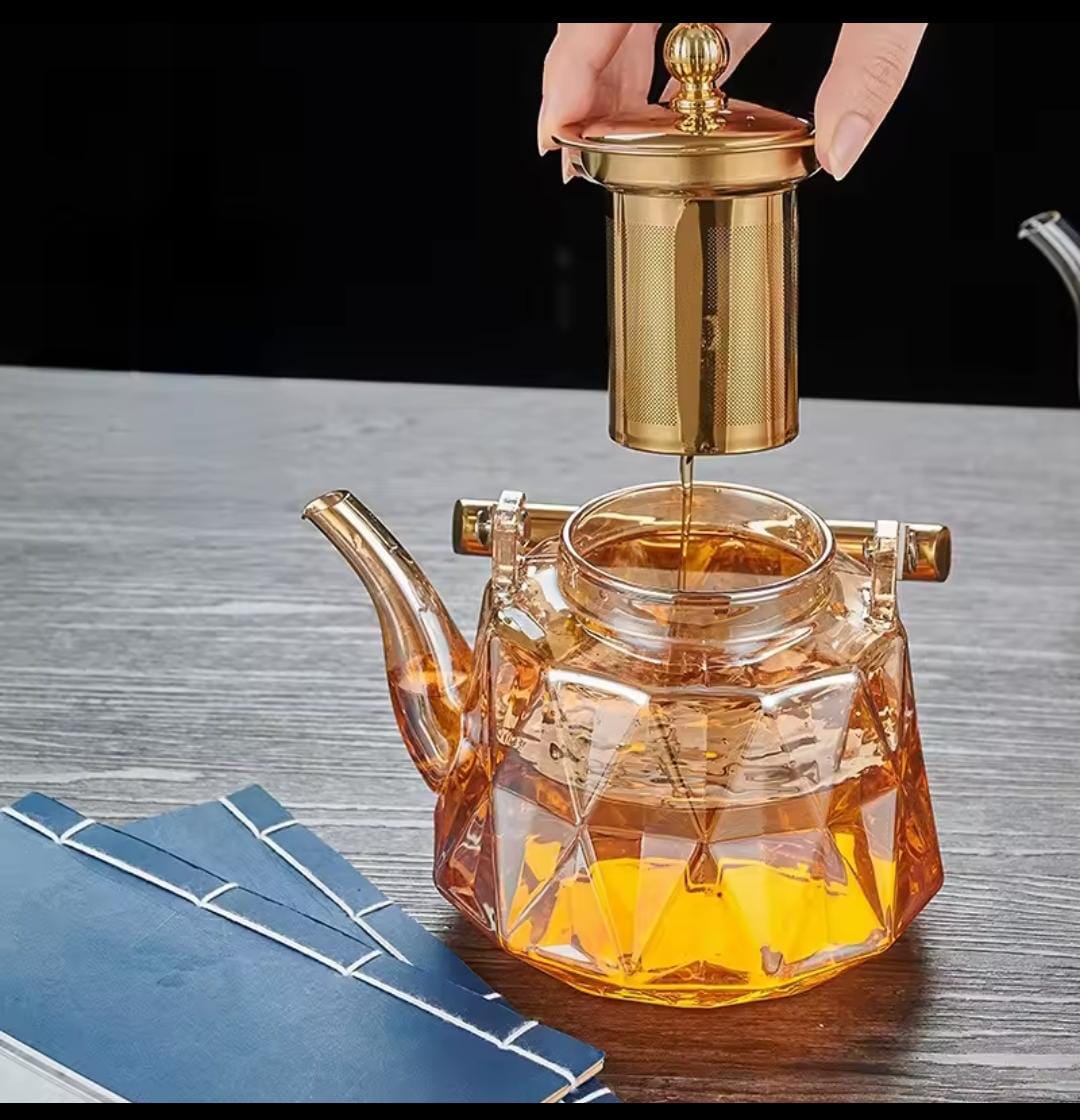 Heat-Resistant Glass Teapot with Strainer Infuser, 1.2L Glass Tea Pot with Gold Handle and Metallic Sieve