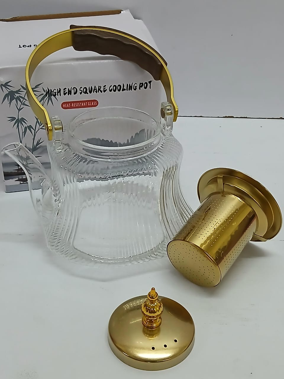 Heat-Resistant Glass Teapot with Strainer Infuser, 1.2L Glass Tea Pot with Gold Handle and Metallic Sieve