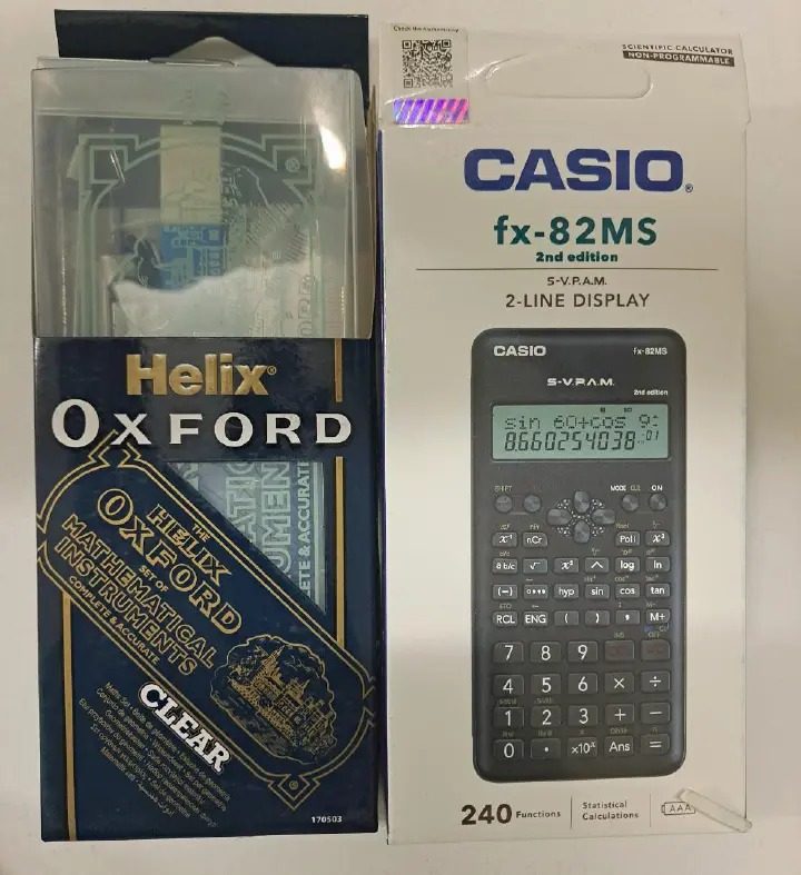 2pc [calculator + set] FX-82MS Scientific Calculator 2nd Edition with three key added advantage Approved by KICD for JSS + mathematical set