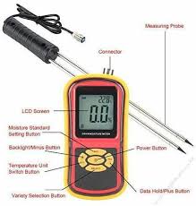 GM640 grain moisture meter with dual probe, digital tester for rice, wheat, maize, corn moisture measurement, portable handheld device with LCD display