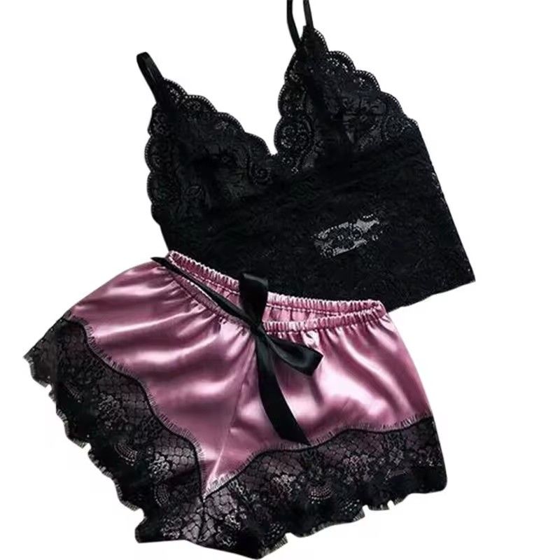 Summer Female Lace Thin Pajama Sets Spaghetti Strap Top Shorts Sexy Lingerie Silk Satin Nightwear Home Wear Women Sleep Cloth FZ-118