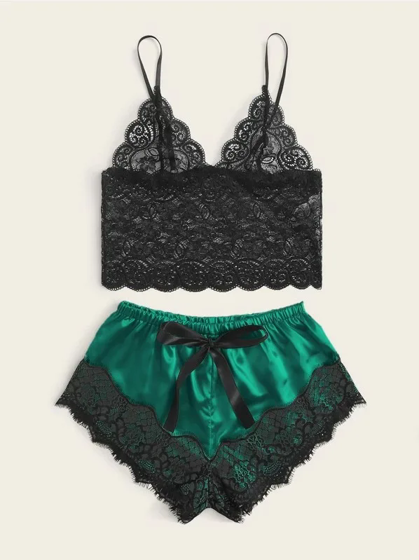 Summer Female Lace Thin Pajama Sets Spaghetti Strap Top Shorts Sexy Lingerie Silk Satin Nightwear Home Wear Women Sleep Cloth FZ-118