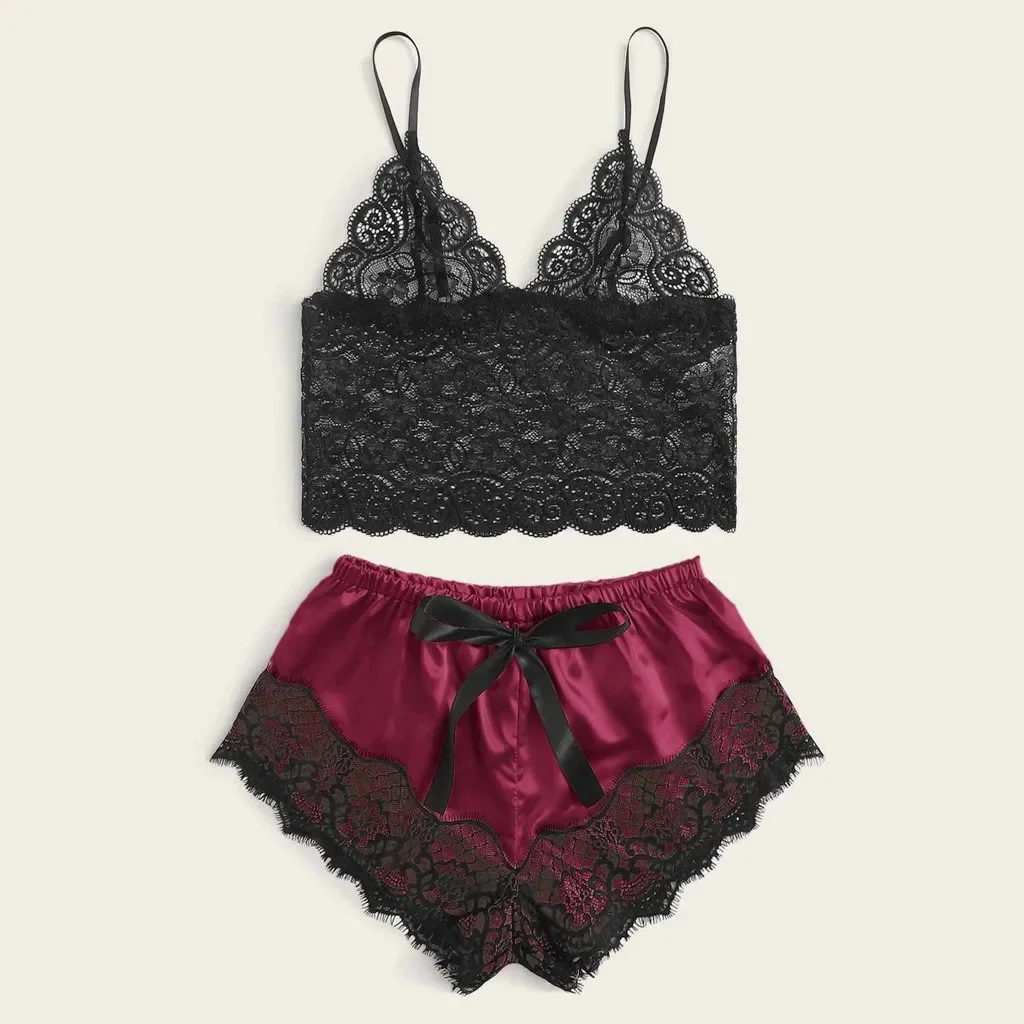 Summer Female Lace Thin Pajama Sets Spaghetti Strap Top Shorts Sexy Lingerie Silk Satin Nightwear Home Wear Women Sleep Cloth FZ-118