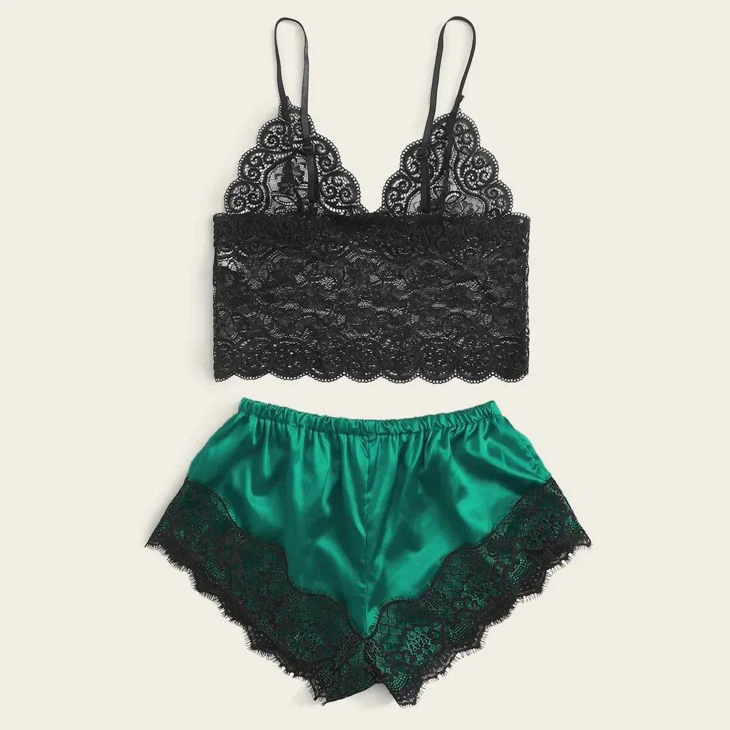 Summer Female Lace Thin Pajama Sets Spaghetti Strap Top Shorts Sexy Lingerie Silk Satin Nightwear Home Wear Women Sleep Cloth FZ-118