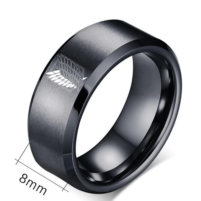 8mm Attack on Titan Black sliver Stainless Steel Ring Wings Of Liberty Flag Finger Rings For Men Women Jewelry Anime Fans A-1490-1