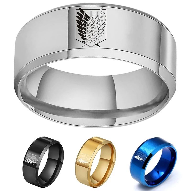 8mm Attack on Titan Black sliver Stainless Steel Ring Wings Of Liberty Flag Finger Rings For Men Women Jewelry Anime Fans A-1490-1
