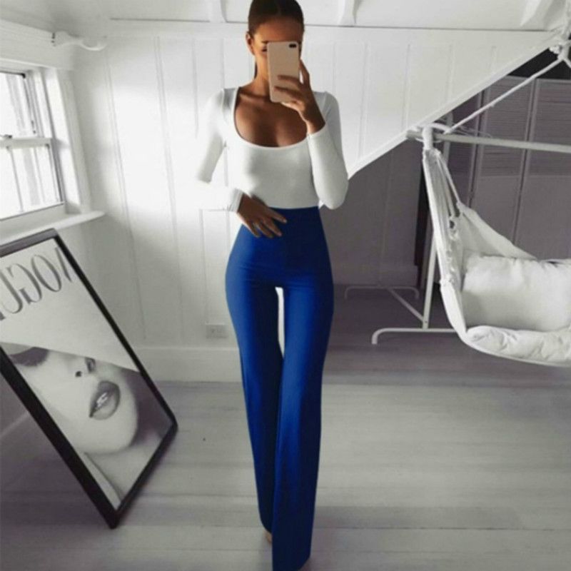 Summer Autumn Solid Elegant Lady Women's Palazzo Flared Wide Killer Legs Pants High Waist OL Ladies Career Long Trousers &