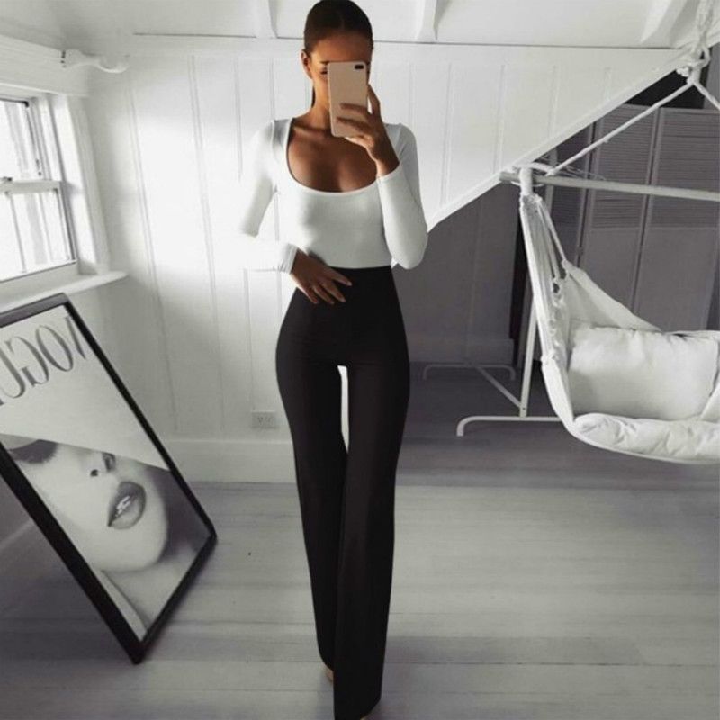 Summer Autumn Solid Elegant Lady Women's Palazzo Flared Wide Killer Legs Pants High Waist OL Ladies Career Long Trousers &