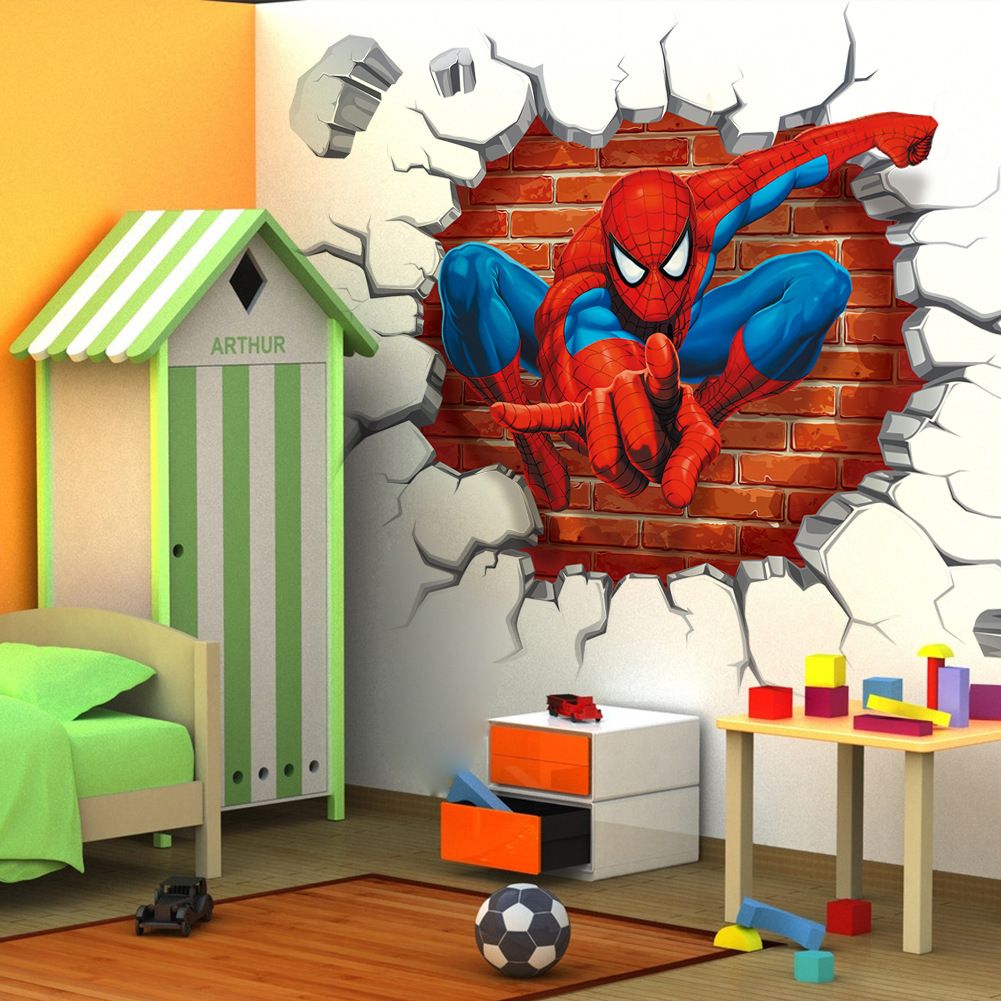 Hot 3D Famous cartoon movie spiderman wall stickers for kids rooms boys gifts through wall decals home decor mural 45*50cm &