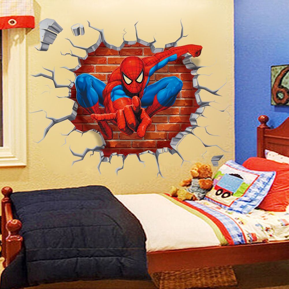 Hot 3D Famous cartoon movie spiderman wall stickers for kids rooms boys gifts through wall decals home decor mural 45*50cm &