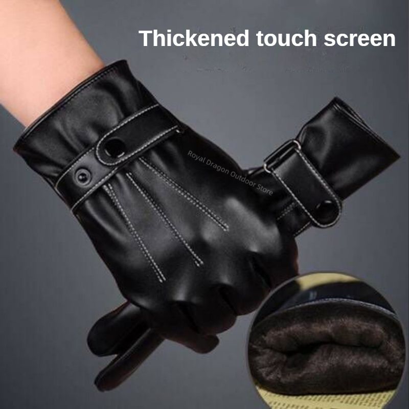 Gloves Men Winter Leather Black Gloves Button Warm Mittens Luxurious PU Leather Driving Men's Genuine Windproof Driving Gloves C-506