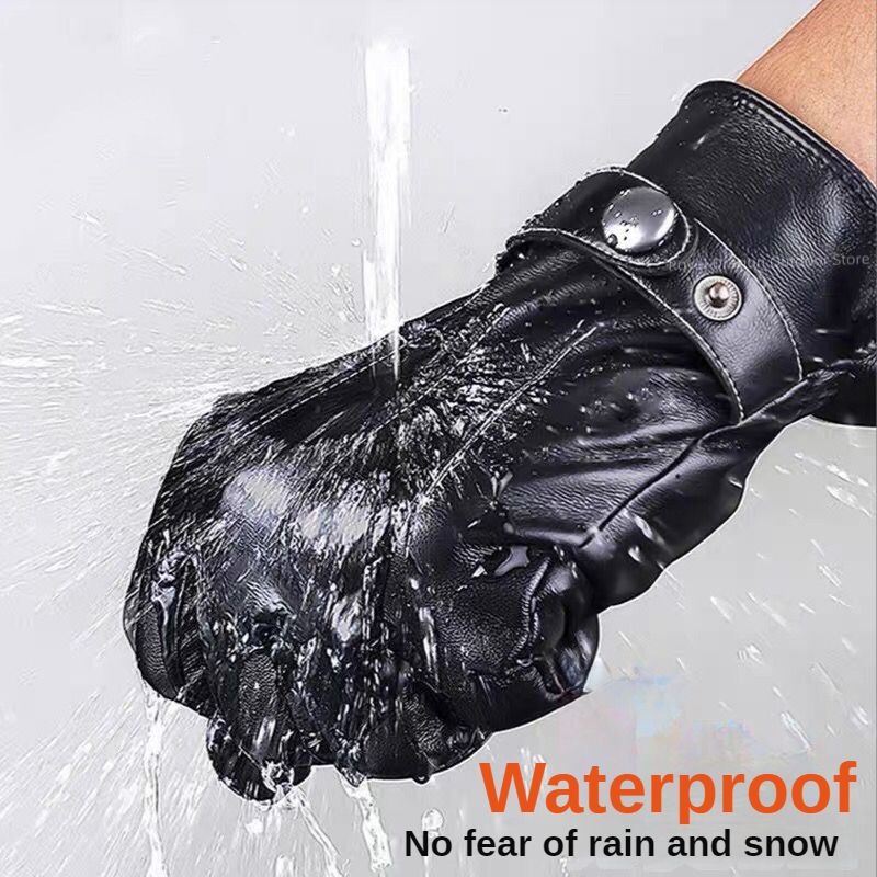 Gloves Men Winter Leather Black Gloves Button Warm Mittens Luxurious PU Leather Driving Men's Genuine Windproof Driving Gloves C-506