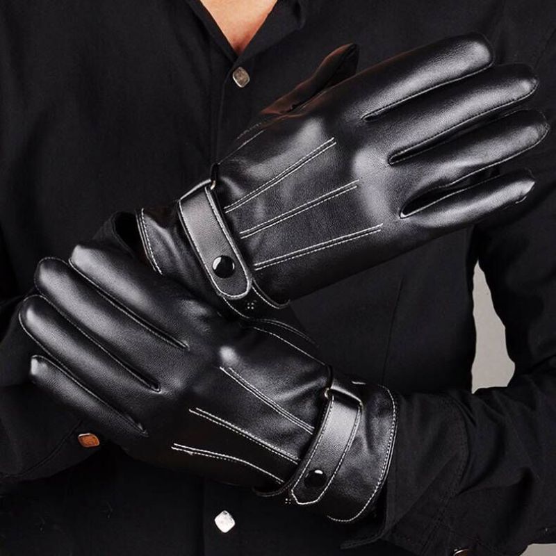 Gloves Men Winter Leather Black Gloves Button Warm Mittens Luxurious PU Leather Driving Men's Genuine Windproof Driving Gloves C-506