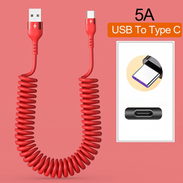 66W 5A Spring Car USB Type C Fast Charging Cable For Xiaomi Realme Samsung Huawei Honor Phone Accessories Charge For iPhone 2.4A