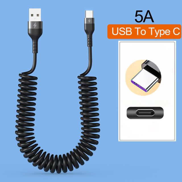 66W 5A Spring Car USB Type C Fast Charging Cable For Xiaomi Realme Samsung Huawei Honor Phone Accessories Charge For iPhone 2.4A