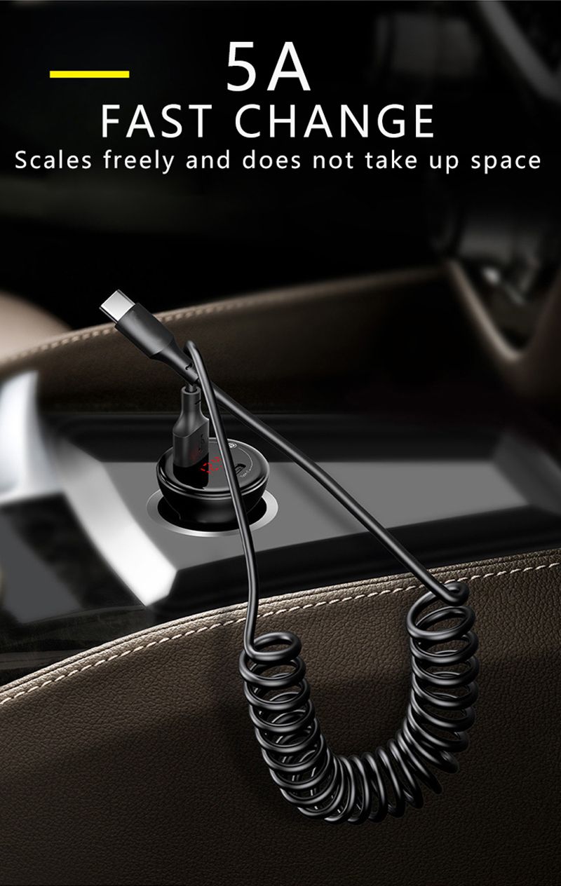 66W 5A Spring Car USB Type C Fast Charging Cable For Xiaomi Realme Samsung Huawei Honor Phone Accessories Charge For iPhone 2.4A