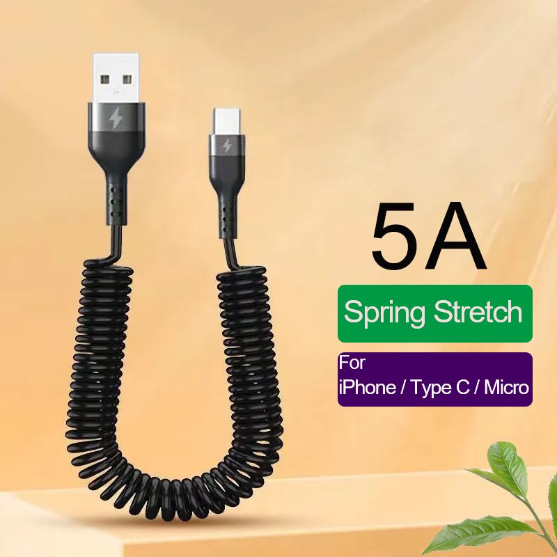 66W 5A Spring Car USB Type C Fast Charging Cable For Xiaomi Realme Samsung Huawei Honor Phone Accessories Charge For iPhone 2.4A