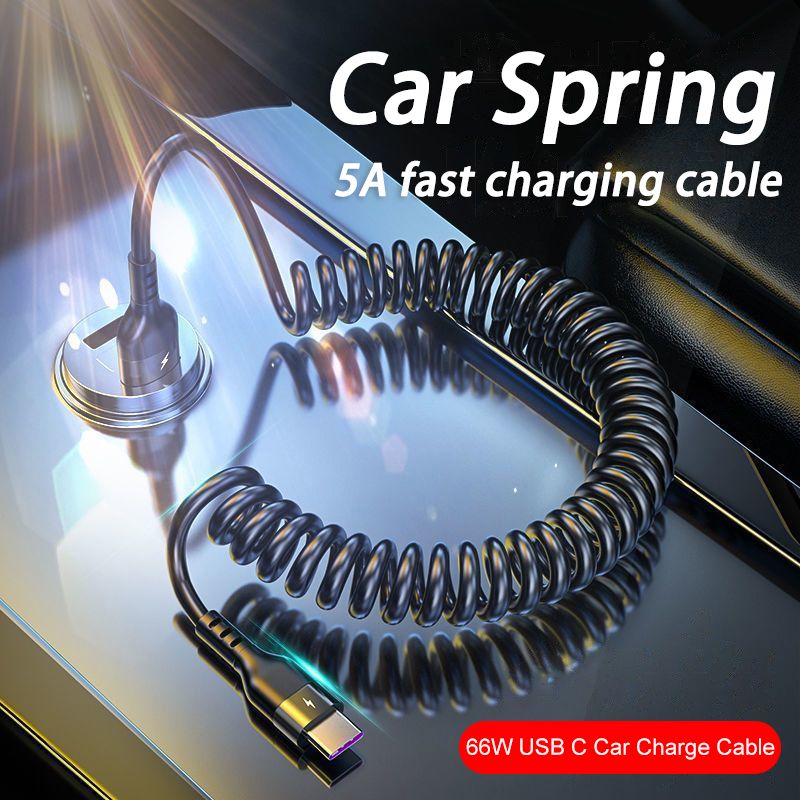 66W 5A Spring Car USB Type C Fast Charging Cable For Xiaomi Realme Samsung Huawei Honor Phone Accessories Charge For iPhone 2.4A