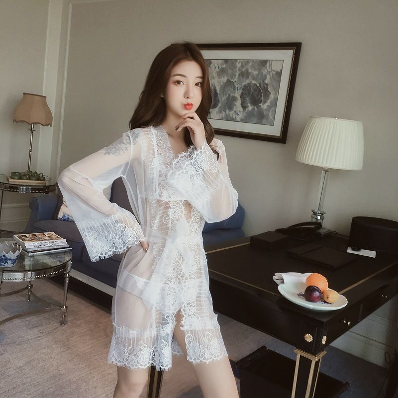 Sexy Lingerie Transparent Perspective Mesh Sexy Lace Pajamas Nightdress Temptation Nightgown Suit FZ-256