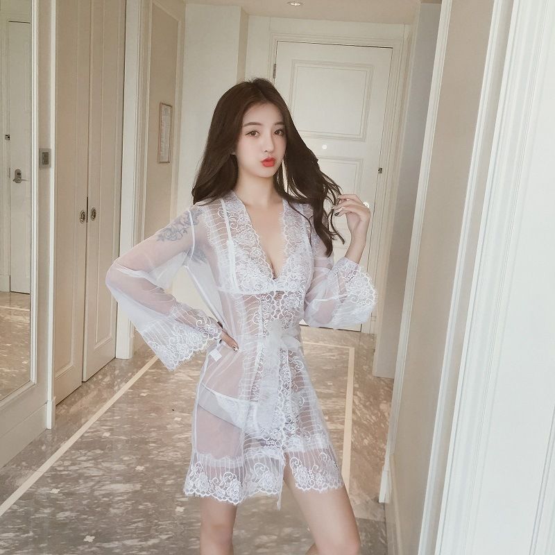 Sexy Lingerie Transparent Perspective Mesh Sexy Lace Pajamas Nightdress Temptation Nightgown Suit FZ-256