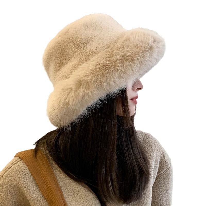 Big Faux Fur Fluffy Bucket Hat for Women Luxury Plush Winter Hat Thicken Snow Oversized Fur Bucket Hat Soft Big Panama Cap