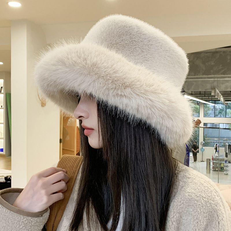 Big Faux Fur Fluffy Bucket Hat for Women Luxury Plush Winter Hat Thicken Snow Oversized Fur Bucket Hat Soft Big Panama Cap