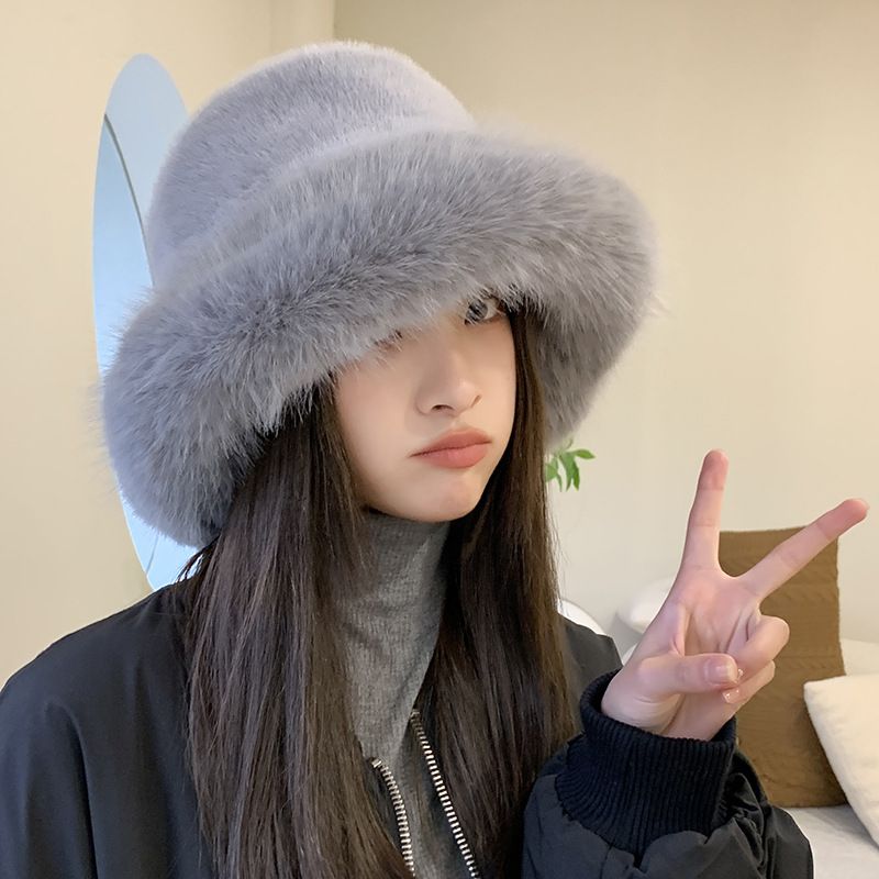 Big Faux Fur Fluffy Bucket Hat for Women Luxury Plush Winter Hat Thicken Snow Oversized Fur Bucket Hat Soft Big Panama Cap