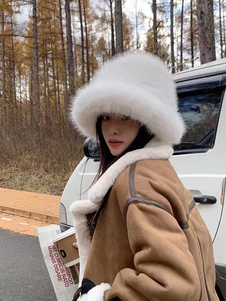 Big Faux Fur Fluffy Bucket Hat for Women Luxury Plush Winter Hat Thicken Snow Oversized Fur Bucket Hat Soft Big Panama Cap