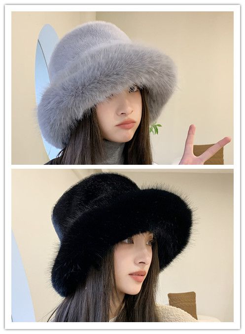 Big Faux Fur Fluffy Bucket Hat for Women Luxury Plush Winter Hat Thicken Snow Oversized Fur Bucket Hat Soft Big Panama Cap