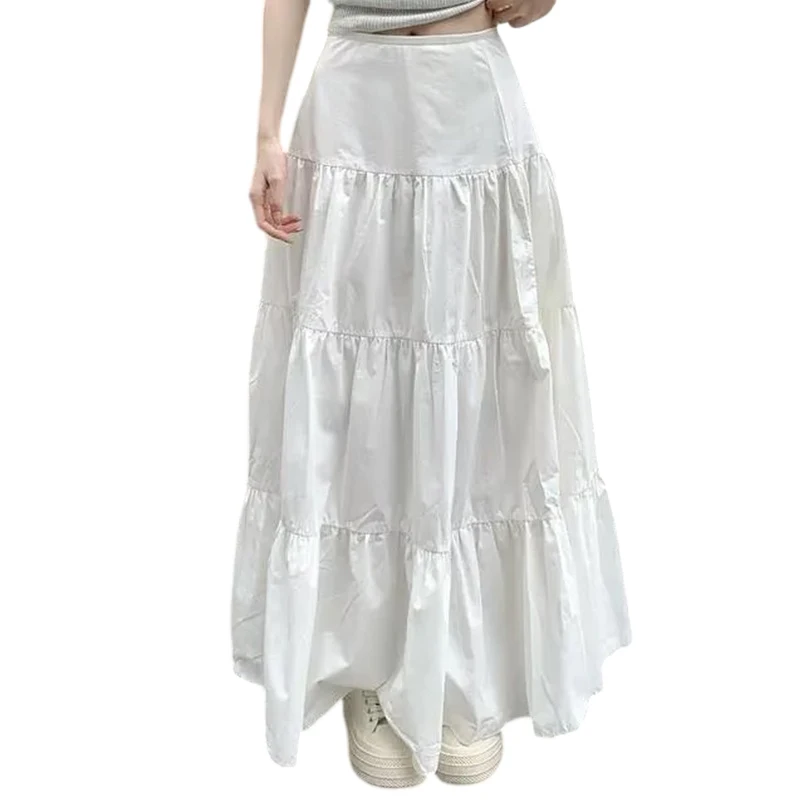 Long A- Line White Mini Skirt Women's Spring Summer New Style Fairy Artistic Sense Skirts Polyester Fiber Gathered Pure Color