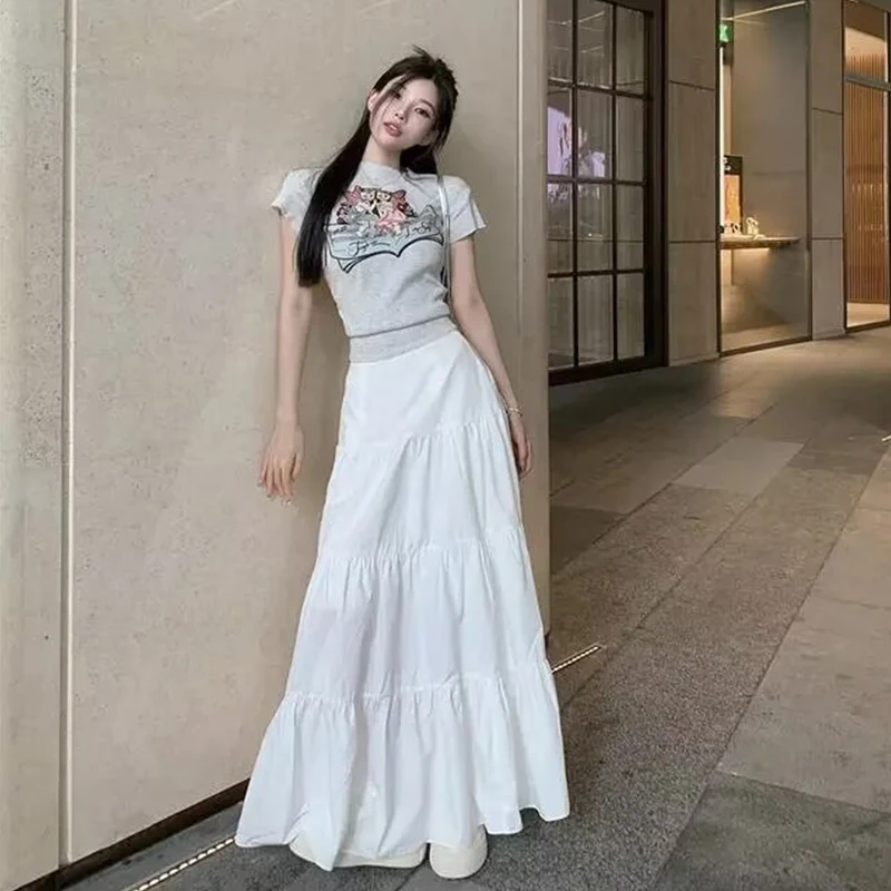 Long A- Line White Mini Skirt Women's Spring Summer New Style Fairy Artistic Sense Skirts Polyester Fiber Gathered Pure Color