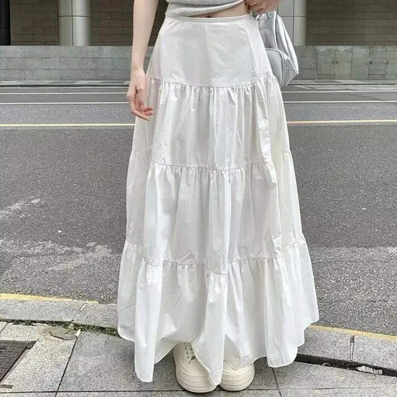 Long A- Line White Mini Skirt Women's Spring Summer New Style Fairy Artistic Sense Skirts Polyester Fiber Gathered Pure Color
