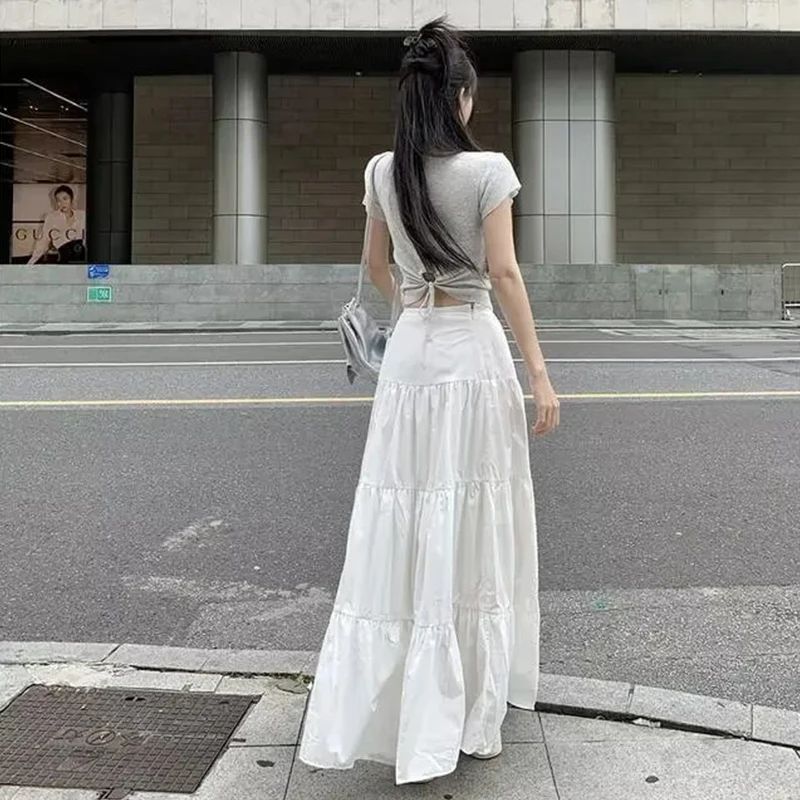 Long A- Line White Mini Skirt Women's Spring Summer New Style Fairy Artistic Sense Skirts Polyester Fiber Gathered Pure Color