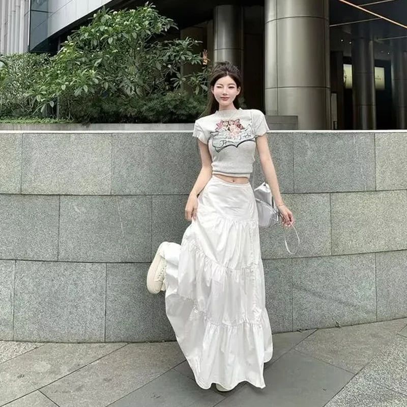 Long A- Line White Mini Skirt Women's Spring Summer New Style Fairy Artistic Sense Skirts Polyester Fiber Gathered Pure Color