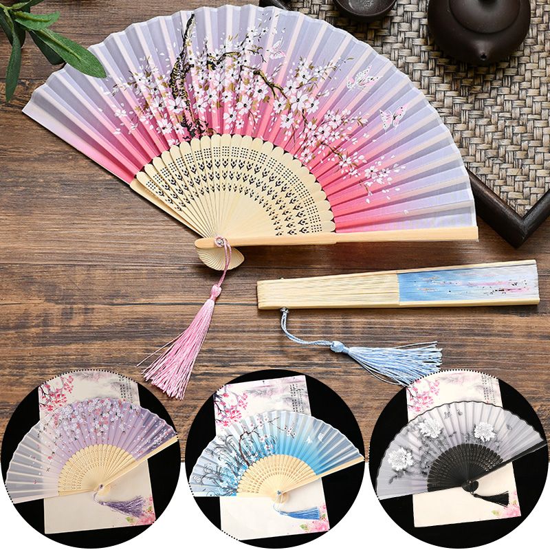 Retro Silk Style Folding Fan Chinese Japanese Art Craft Gift Home Decoration Ornament Dancing Fan Hand