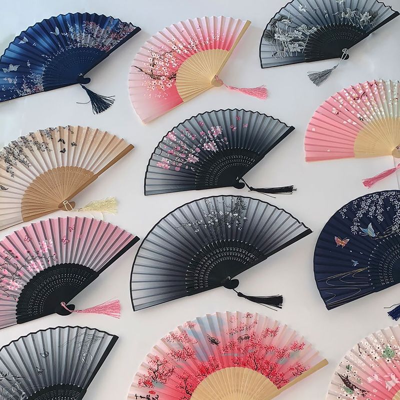 Retro Silk Style Folding Fan Chinese Japanese Art Craft Gift Home Decoration Ornament Dancing Fan Hand