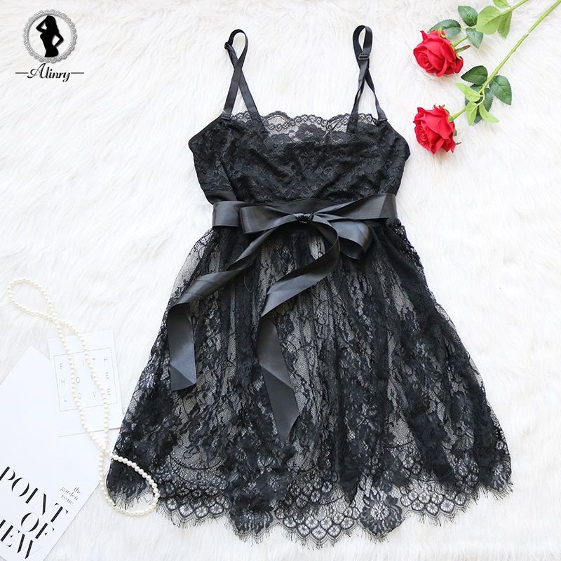 Sexy Babydoll Lingerie Erotic Women Black Lace Plus Size Costume Sleepwear Dress Transparent Hollow-out Chemise Underwear FZ-103-1