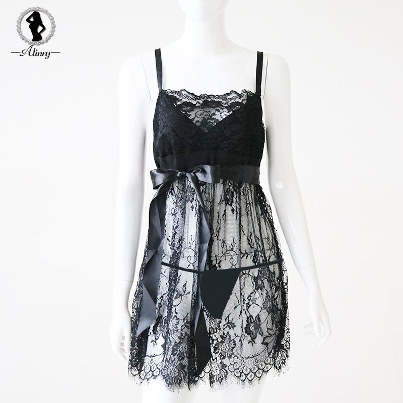 Sexy Babydoll Lingerie Erotic Women Black Lace Plus Size Costume Sleepwear Dress Transparent Hollow-out Chemise Underwear FZ-103-1