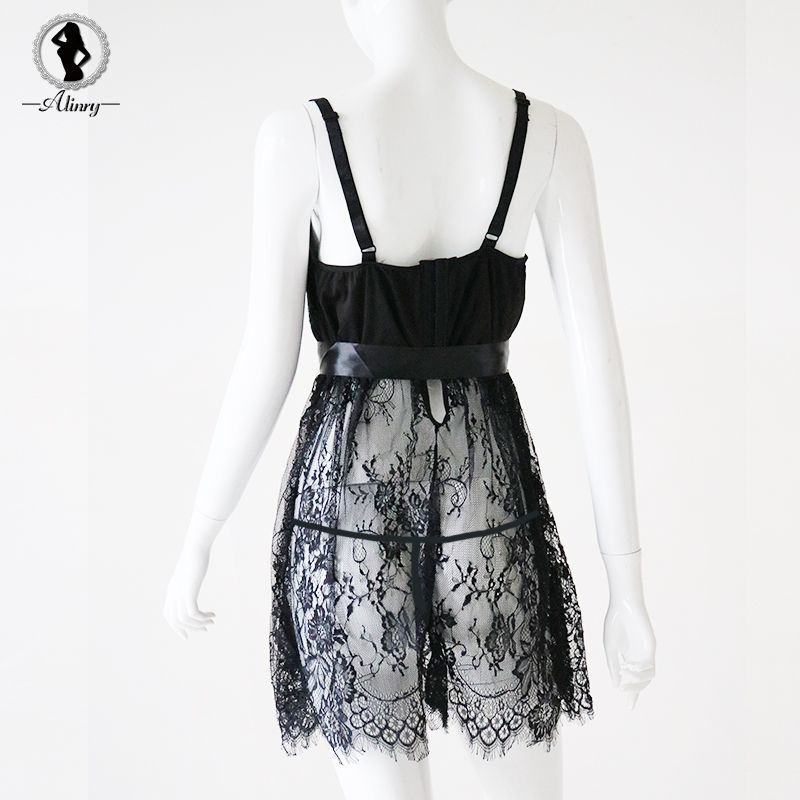 Sexy Babydoll Lingerie Erotic Women Black Lace Plus Size Costume Sleepwear Dress Transparent Hollow-out Chemise Underwear FZ-103-1