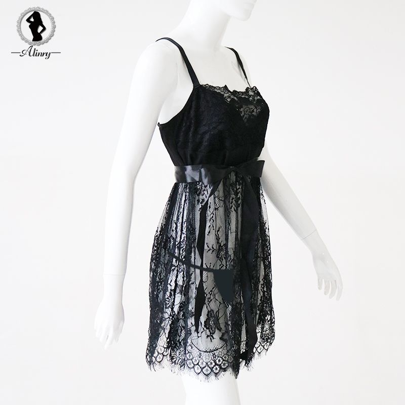 Sexy Babydoll Lingerie Erotic Women Black Lace Plus Size Costume Sleepwear Dress Transparent Hollow-out Chemise Underwear FZ-103-1