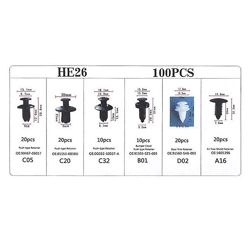 6 Size 100pcs Auto Fastener Car Clips Mixed Body Push Retainer Pin Rivet Bumper Door Trim Panel Retainer Fastener Kit E-1129